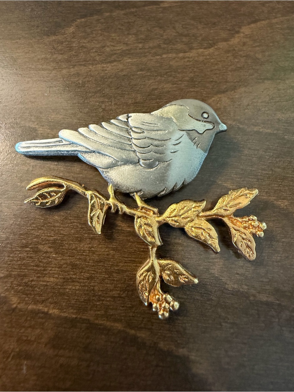 Shields Pewter Two Tone Bird on a Branch Brooch